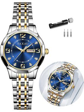 Women's Silver Blue Analog Elegant Luxury Stainless Steel Analog Quartz Watch